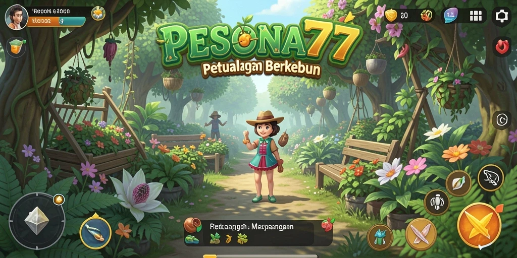 Screenshot PESONA77 menampilkan pesona kebun yang rimbun dan penuh warna.